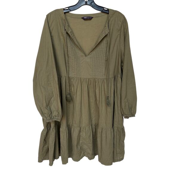 M&S Collection Khaki Green Cotton Voile Babydoll Boho Tiered Tunic Dress size 18 - Picture 1 of 10